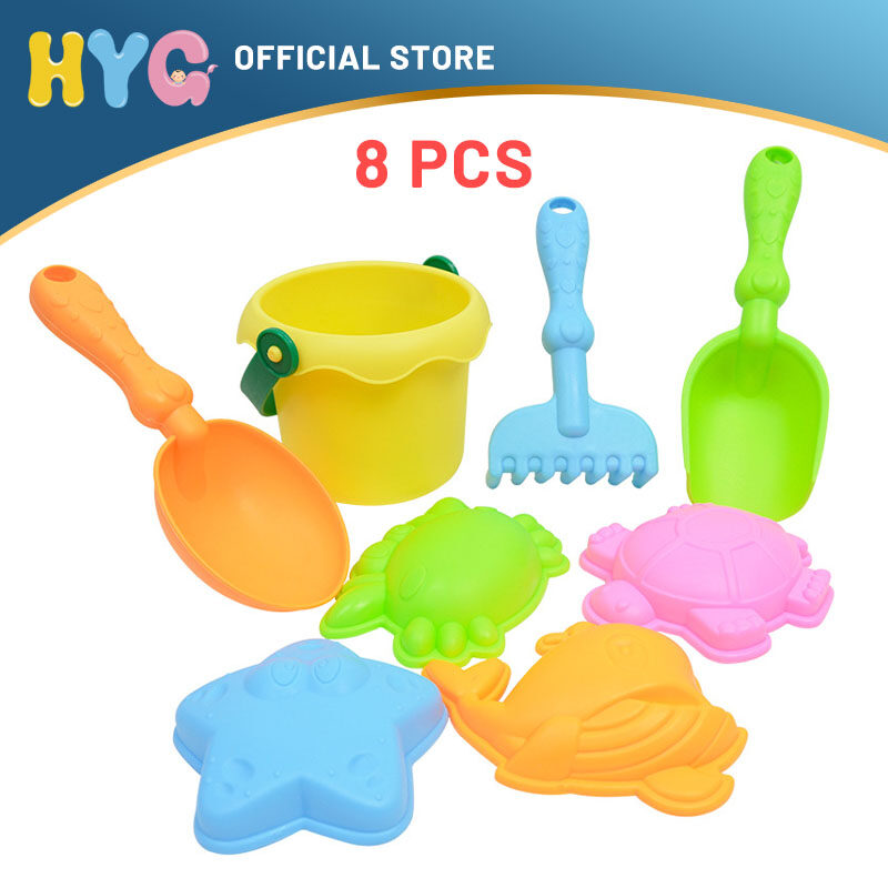 HYG Beach Toys 8pcs Sand Shovel Set 8PCS Beach Sand Toys Set Sand Playing Toys Kids Fun Water Beach Seaside Tools with Watering Can, Sand Molds, Bucket, Sand Shovel Tool Kits for Toddlers Kids Outdoor