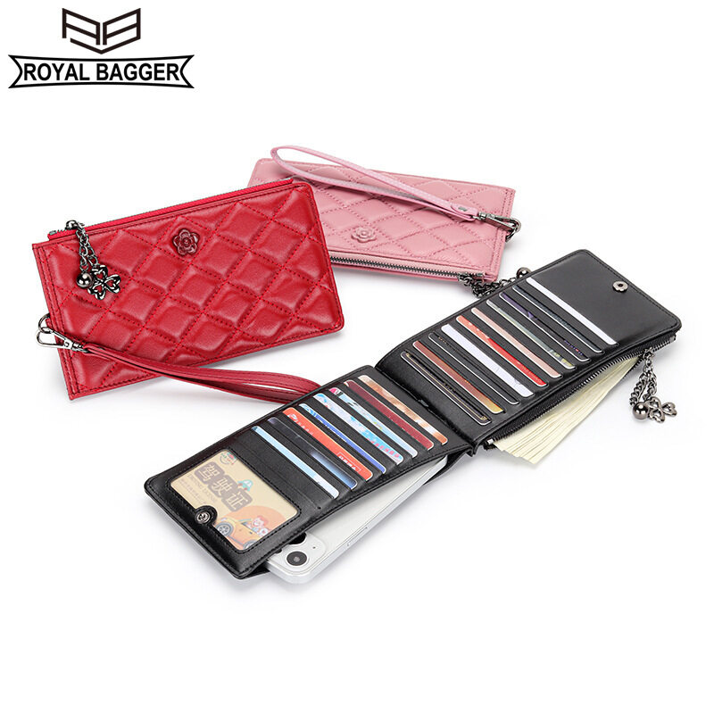 Royal Bagger Women Long Wallet Soft Genuine Sheepskin Leather Female Fashion Phone Purse Quilted Pattern Card Holder Purses